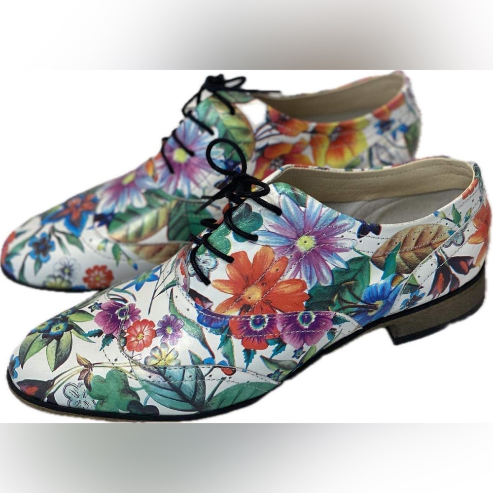 New Zapato Handmade Shoes - Floral Leather Lace-Up Oxfords Wooden Heel